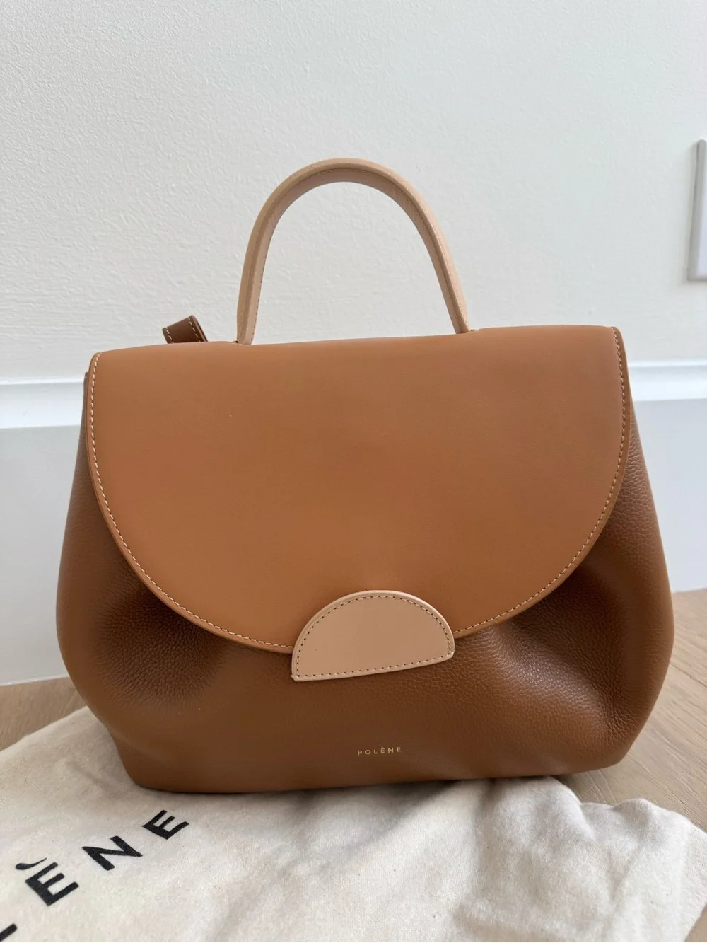 Polène tan and light-tan leather top-handle bag